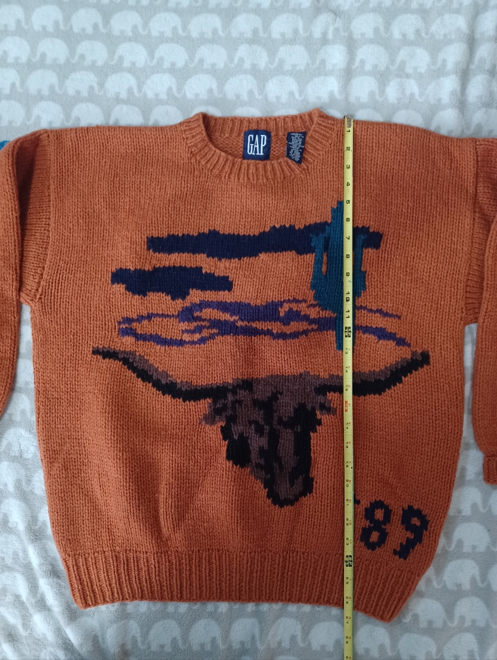 GAP 1989 Handknit Vintage Orange Sweater Southwest Cactus Cow Skull Bull L Wool - Picture 3 of 10